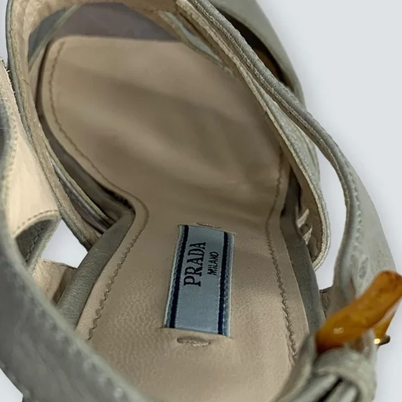 PRADA Heels Size 38 Calzatore Donna Grey Leather Slingback Sandals - Picture 12 of 16